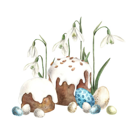 Watercolor Easter composition with Easter cake, snowdrops and eggs. Hand drawn illustrations on isolated background for greeting cards, invitations, happy holidays, posters, graphic design, print, label.の写真素材