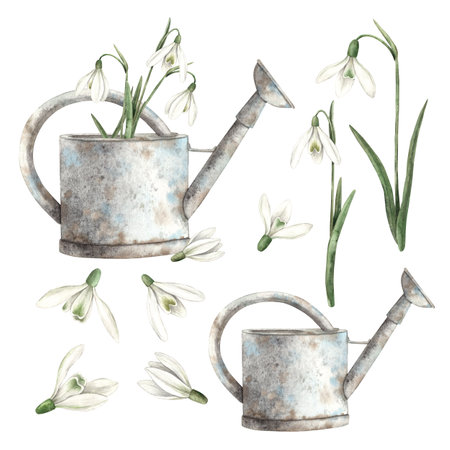 Watercolor set of rusty watering can and spring snowdrops. Hand drawn illustrations on isolated background for greeting cards, invitations, happy holidays, posters, prints, labels.の写真素材