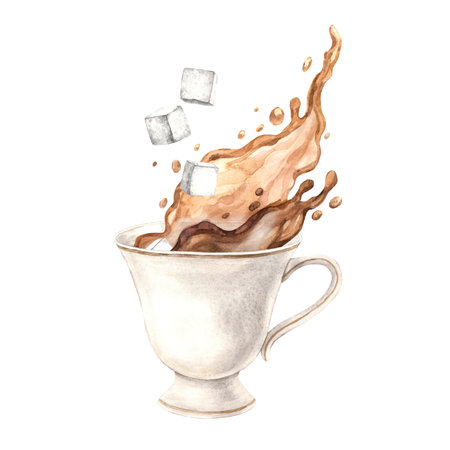 Vintage watercolor cup with splashes of tea and sugar. The illustration is hand drawn on an isolated background. Drawing for menu design, packaging, poster, website, textile, invitations, brochure.の写真素材