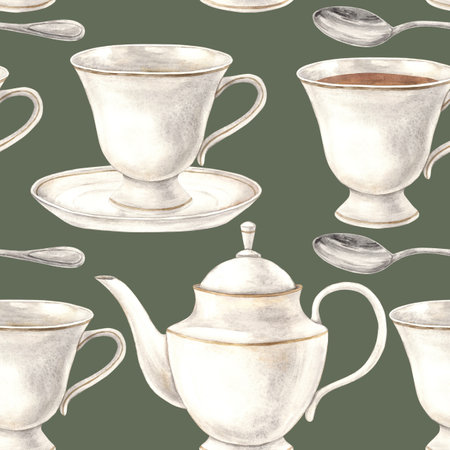 Watercolor pattern with a ceramic mug, plate, teapot and spoon on a green background. Illustration is hand drawn, suitable for menu design, packaging, poster, website, textile, invitation, brochure.の写真素材