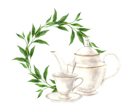 Watercolor round tea leaf wreath with vintage mug and teapot. The illustration is hand drawn on an isolated background. Drawing for menu design, packaging, poster, website, textile, invitations.の写真素材
