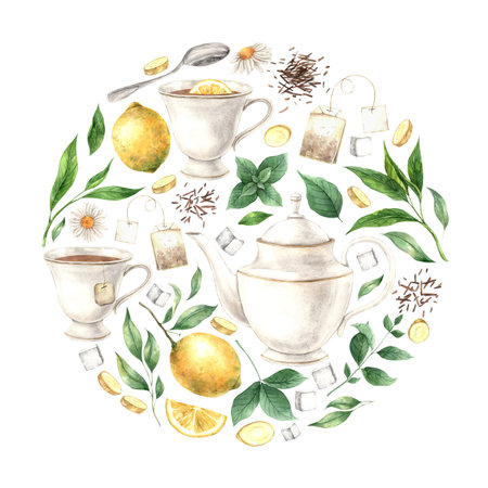 Watercolor round composition of mug, teapot, lemon, mint, chamomile, ginger, sugar, tea. The illustration is drawn by hand. Drawing for menu design, packaging, poster, website, textile, invitations.の写真素材