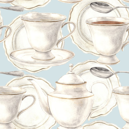 Watercolor pattern with a ceramic mug, plate, teapot and spoon on a blue background. Illustration is hand drawn, suitable for menu design, packaging, poster, website, textile, invitation, brochureの写真素材