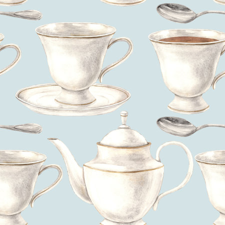 Watercolor pattern with a ceramic mug, plate, teapot and spoon on a blue background. Illustration is hand drawn, suitable for menu design, packaging, poster, website, textile, invitation, brochure.の写真素材