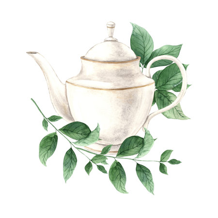 Watercolor composition with vintage teapot and fresh mint. The illustration is hand drawn on an isolated background. Drawing for menu design, packaging, poster, website, textileの写真素材