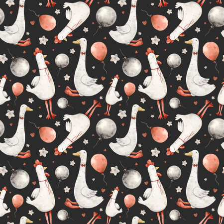 Children's watercolor pattern with a plush rooster and goose, balloons, stars on a black background. Isolated hand drawn illustration for children's interior, cards, stickers, textiles, designの写真素材