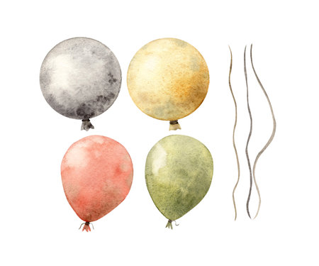 Watercolor set with multi-colored balloons. Illustration hand drawn on isolated background for cards, interior, stickers, textiles, design, invitations, birthdays, anniversaries, holidays.の写真素材