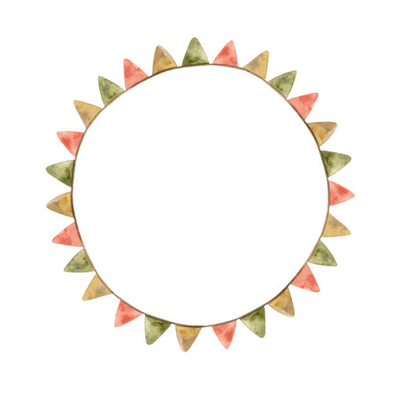 A round wreath of children's flags of different colors, red, green, yellow. Watercolor illustration for cards, stickers, textiles, design, invitationsの写真素材