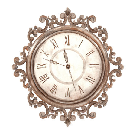 Vintage openwork copper clock with hands. Watercolor illustration in vintage style on isolated background. Drawing for the Christmas holidays, invitations, cards, banners, wrapping paper, wallpaperの写真素材