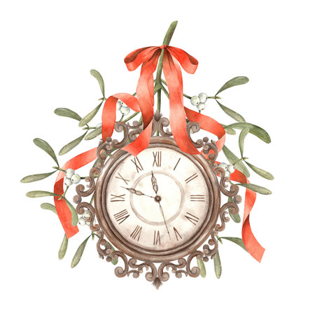 Copper antique clock with mistletoe and red ribbon. Watercolor composition in vintage style on an isolated background. Drawing for Christmas and New Year holidays, invitations, cards, banners, decorの写真素材