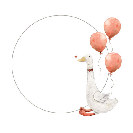 Watercolor round frame with a plush goose and a bow, a red balloon and a heart. Illustration hand drawn on isolated background for cards, interior, stickers, textiles, design, invitationsの写真素材