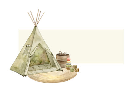 Watercolor rectangular frame with elements of a children's room, wigwam, basket and children's toys. Isolated hand drawn illustration for children's interior, cards, stickers, textiles, designの写真素材