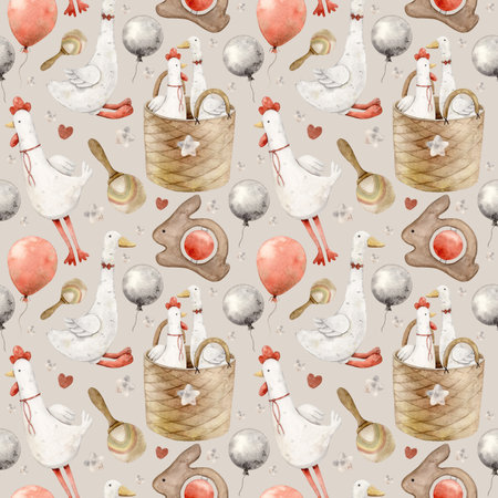 Watercolor pattern with baby toys, plush goose and rooster, balloons, wooden rattles and basket on a gray background. Isolated hand drawn illustration for children's interior, cards, textile, design.の写真素材