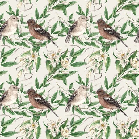 Seamless pattern of branches with green leaves and sitting birds on a gray background. Isolated watercolor drawing in realistic style. Pattern for interior, cards, wedding design, textiles.の写真素材