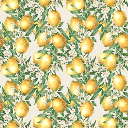 Seamless pattern of branches of yellow lemons, leaves and flowers on a beige background. Watercolor drawing in realistic style. Patterns for interior, cards, wedding design, invitations, textilesの写真素材