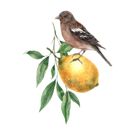 Yellow lemon with green leaves and brown realistic bird. Isolated watercolor illustration in vintage style. Handmade composition for interior, cards, wedding design, invitations, textiles, stickers.の写真素材