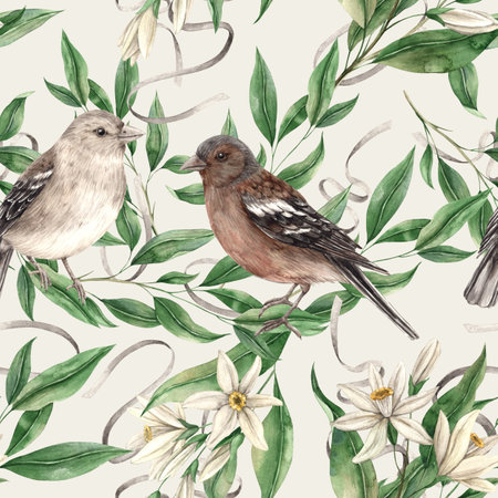 Seamless pattern of branches with green leaves and sitting birds on a gray background. Isolated watercolor drawing in realistic style. Pattern for interior, cards, wedding design, textiles.の写真素材