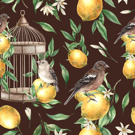 Seamless pattern of yellow lemons, leaves, birds and copper vintage cage on a brown background. Watercolor drawing in vintage style. Drawing for interior, cards, wedding design, invitations, textilesの写真素材