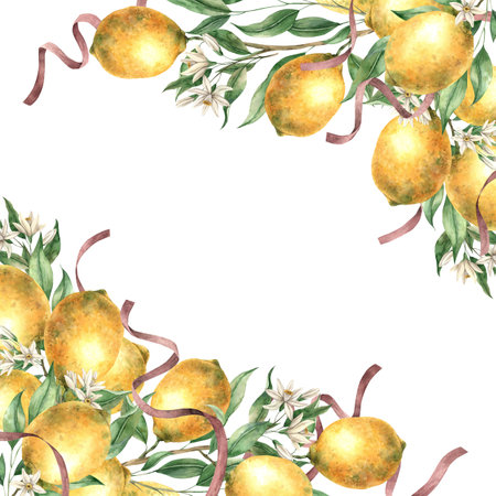 Frame of yellow lemons, leaves, flowers and burgundy silk ribbons. Isolated watercolor illustration in vintage style. Handmade composition for decoration of cards, wedding design, invitations, textileの写真素材
