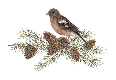 Fir branches with pine cones and a realistic bird. Watercolor botanical illustration on isolated background. Drawings for Christmas and New Year holidays, invitations, cards, wrapping paperの写真素材