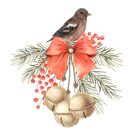Realistic bird, green spruce, red berries, satin bow and bells. Watercolor Christmas composition in vintage style. Composition for Christmas and New Year holidays, invitations, cards, decorationの写真素材