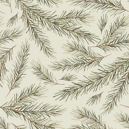 Pattern of fir branches. Christmas watercolor botanical illustration hand drawn on a light green background. Drawings for Christmas and New Year holidays, textiles, cards, wrapping paper, designの写真素材