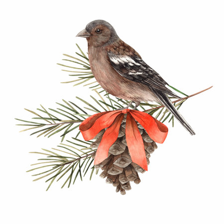 Fir branches with a pine cone, a red bow and a bird. Watercolor botanical illustration on isolated background. Drawings for Christmas and New Year holidays, invitations, cards, wrapping paperの写真素材