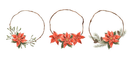 Red poinsettia with leaves, berries, fir branches with cones, mistletoe, wooden wreath. Watercolor set of wreaths in holiday style. Set for New Year cards, invitations, for holiday decorationの写真素材