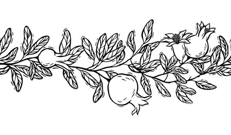 Seamless composition of branch with leaves and pomegranate. Vector botanical black and white illustration, hand drawn in linocut style. Drawing for food and cosmetics packaging design, postcardsのイラスト素材