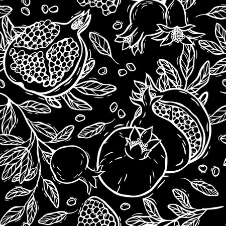 Pomegranates with leaves and seeds. Vector seamless pattern in graphic style on a black background. Suitable for use in textile design, wallpaper, kitchen decor and wrapping paper, packagingのイラスト素材