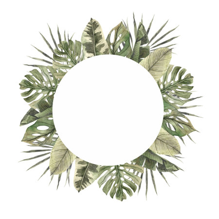 Monstera, calathea, palm, philodendron. Watercolor tropical round frame in monochrome style on isolated background. Floral and plant trend. Frame for cards, packaging, holidays, spa, floristryの写真素材