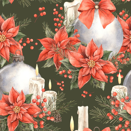 Poinsettia, vintage Christmas flowers with fir branches and glass ball with bow. Watercolor hand drawn pattern on green background. Pattern for Christmas and New Year holidays, invitations, cardsの写真素材
