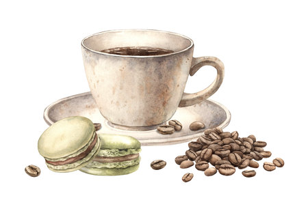 Ceramic cup with aromatic coffee, pistachio macaroons and roasted beans. Watercolor realistic composition on an isolated background on a coffee theme, for the design of shops, cafes, banner, postcardの写真素材
