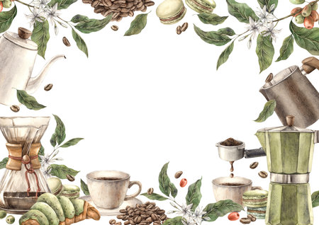 Cup of coffee with pistachio macaroons and croissant, branches with berries and grains. Watercolor rectangular frame with geyser coffee maker, milk jug, portafilter, template for shops, cafes, bannersの写真素材