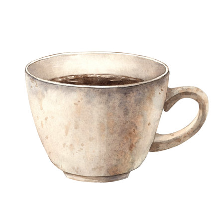 A mug of aromatic hot coffee in a ceramic white cup. Watercolor illustration hand-drawn on an isolated background. The drawing is suitable for decorating coffee shops, restaurants, menus, postcardsの写真素材