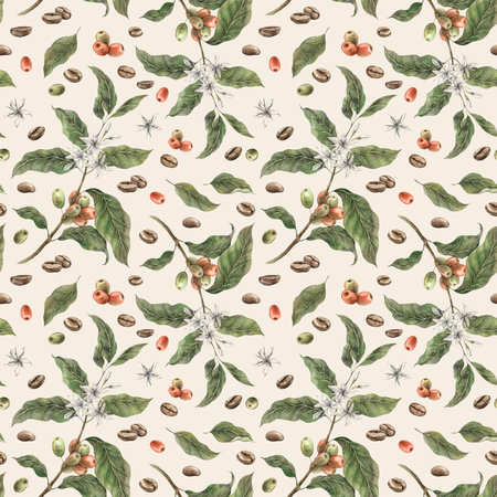 Coffee plant with green leaves and red ripe coffee fruits, with roasted beans. Watercolor pattern is hand-drawn on a beige background. Suitable for shop, cafe, postcards, packaging designの写真素材