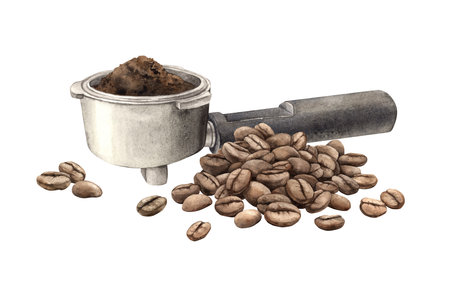 Portafilter, holder with ground coffee and roasted processed beans. Watercolor illustration, hand-drawn on isolated background. For design of shops and cafes, banners, postcards, packagingの写真素材