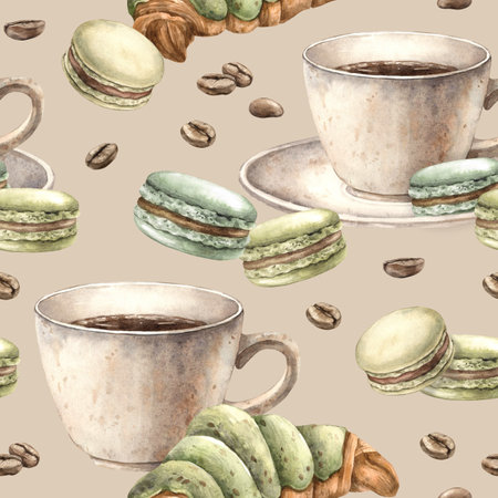 Ceramic cup with aromatic coffee, pistachio macaroons, French croissant with roasted beans. Watercolor seamless and endless pattern on beige background, for shop, cafe, banner, postcard design.の写真素材