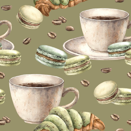 Ceramic cup with aromatic coffee, pistachio macaroons, French croissant with roasted beans. Watercolor seamless pattern on a green background, for the design of shops, cafes, banners, postcardsの写真素材