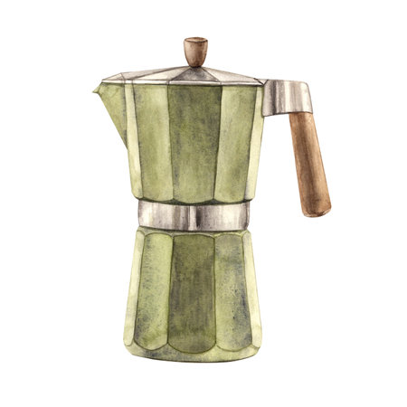 Metal geyser coffee maker for making hot coffee from ground coffee, in green-pistachio color. Watercolor illustration is hand-drawn. For the design of shops, cafes, menus, packaging, banners, postcardの写真素材