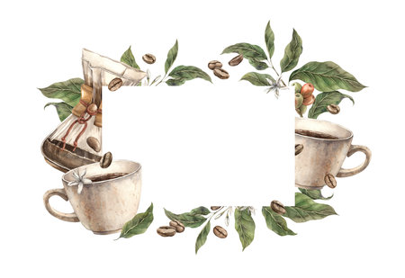 Coffee tree branch with berries and roasted coffee. Watercolor frame on isolated background with a mug of aromatic coffee and filter. Suitable for banners, packaging, shops and cafes, menus, postcardsの写真素材