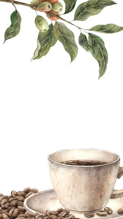 A cup of aromatic coffee on a saucer with scattered roasted beans. Botanical branches and fruits of the coffee tree. Watercolor composition for the design of a cafe and a store, a postcard, a bannerの写真素材