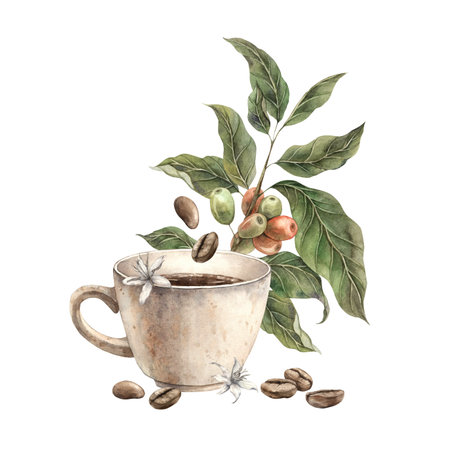 Branch of coffee tree with berries, grows from ceramic mug with aromatic coffee, roasted beans and flowers around. Watercolor illustration for banners, packaging, shops and cafes, menus, postcardsの写真素材
