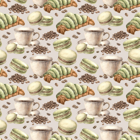 Ceramic cup with aromatic coffee, pistachio macaroons, fresh croissant and roasted beans. Watercolor seamless pattern on isolated beige background, for decorating shops, cafes, banners, postcardsの写真素材