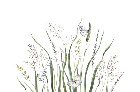 Various blades of grass and flowers with white butterflies. Watercolor composition painted in natural tones. Suitable for eco-branding, for wedding invitations, greeting cards, branding, packaging.の写真素材