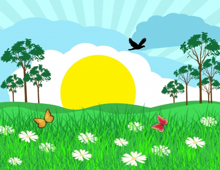 Summer sunny landscape on beautiful nature, vector illustrationのイラスト素材