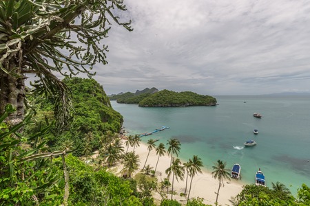 Natural Sea Lagoon and Paradise beach and Islands of Angthong National Marine Park in Thailand, aerial drone view tropical landscapeの写真素材