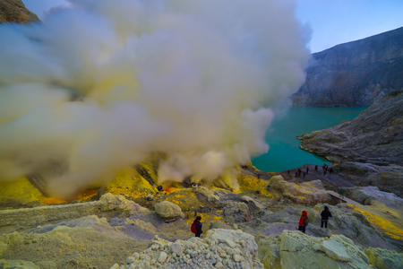 Kawah Ijen volcano crater the famous tourist attraction in the Banyuwangi, East Java island, Indonesia.の写真素材