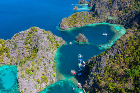 Aerial view of beautiful lagoons and limestone cliffs on Coron, Palawan, Philippines.の写真素材