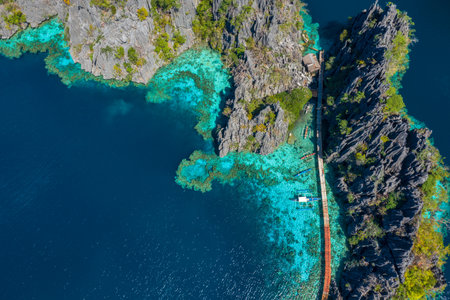 Aerial view of turquoise tropical lagoon with limestone cliffs in Coron Island, Palawan, Philippines.の素材 [FY310170748940]